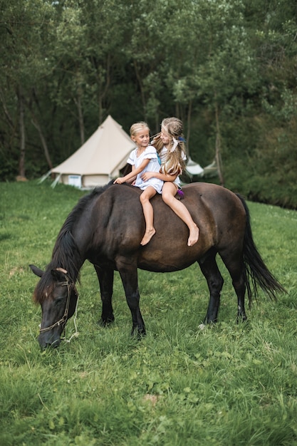 Horse riding, portrait of lovely two little girls sisters on a dark horse, outdoors in the field