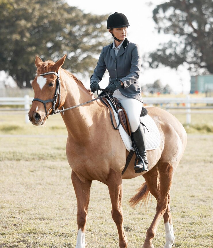 Photo horse riding and woman on ranch or farm for fitness training and event or competition exercise animal and female jockey in countryside for equestrian dressage and performance in arena in texas