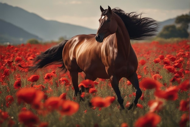 Horse run gallop in flower meadow