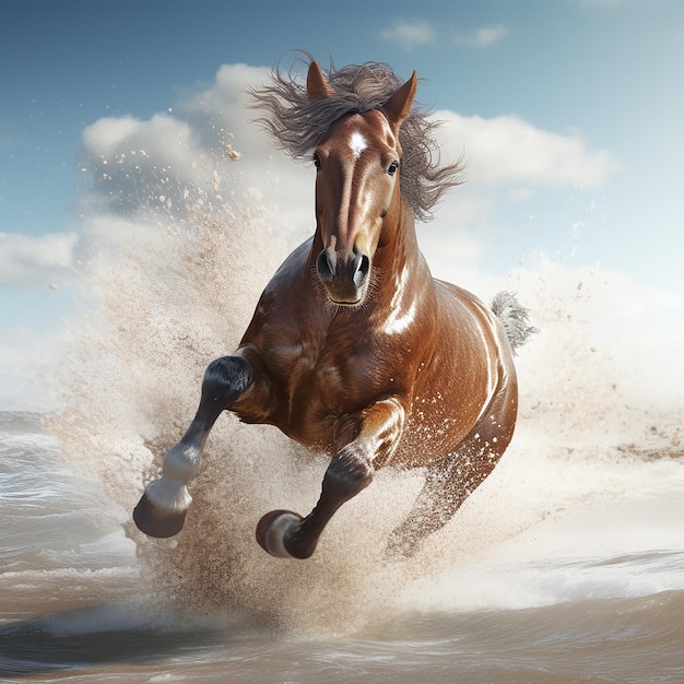 写真 3dイラストで海辺で水を走る馬