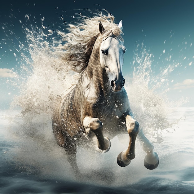 Photo horse running at the beach through water 3d illustration