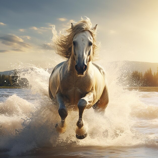 Photo horse running at the beach through water 3d illustration