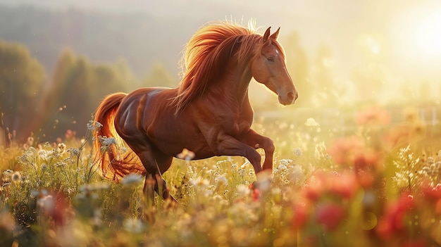 horse running in a field of flowers