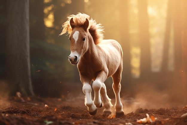 horse running in the forest at sunset