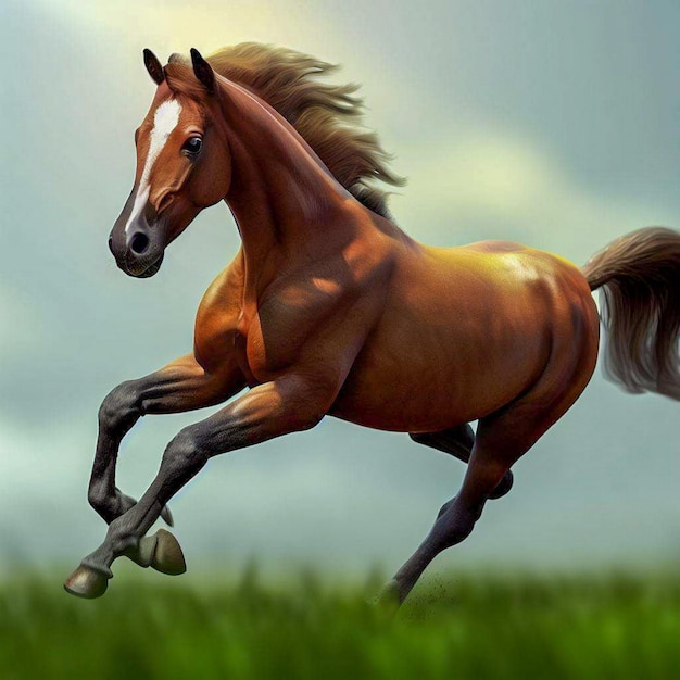 Horse running on grass realistic