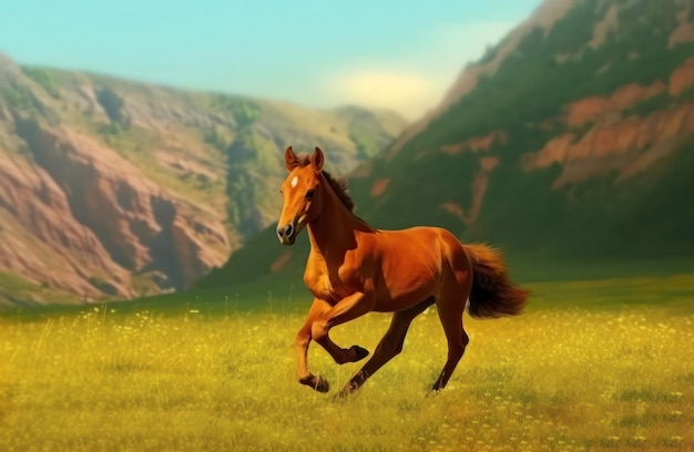 Horse running in the meadow at sunset 3d render