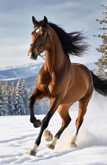 Фото Лошадь бежит на фоне пустынной природы дикой природы и снега