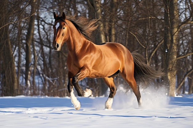 a horse running in the snow in a wooded area