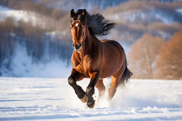 a horse running in the snow in a wooded area