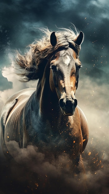 A horse running in a storm