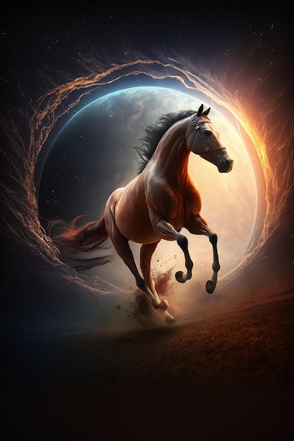 Photo horse running in the sun with a full moon background generative ai