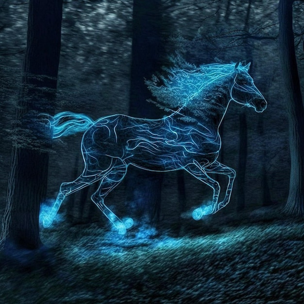 青い光を当てて森の中を走る馬。