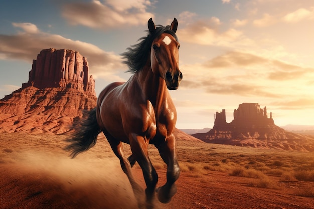 Photo horse running through an old western landscape in a captivating image