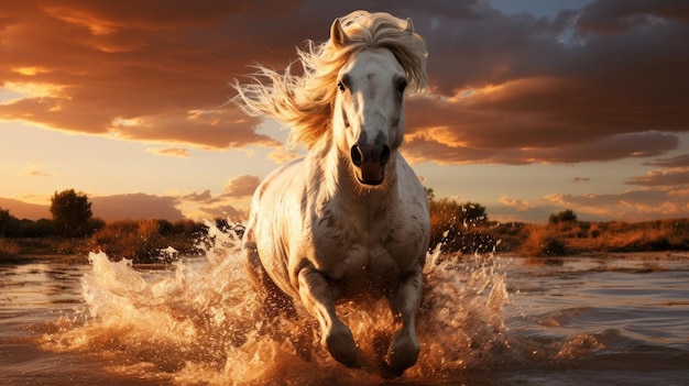 Horse running in the water by the lake