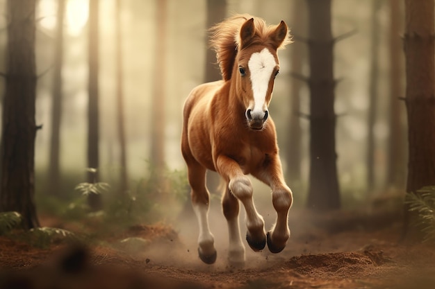 a horse running in the woods with a blurry background
