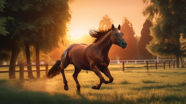 A horse runs in a field at sunset