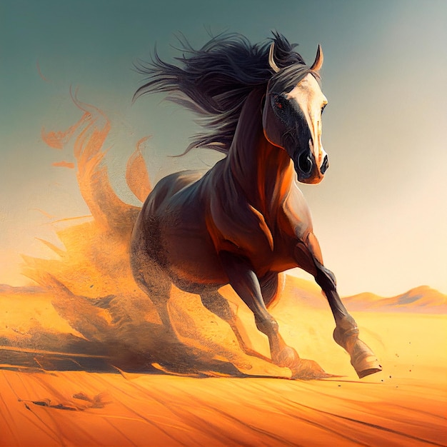 The horse runs through the desert kicking up the sand