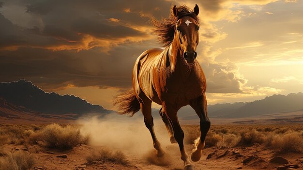 말 한 마리가 사막을 가로질러 달리고 태양이 그 뒤에 있습니다.