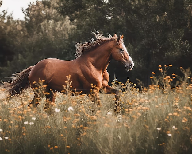 Лошадь бежит по цветочному полю.