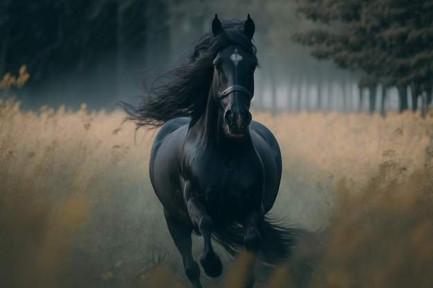 A horse runs through a field with trees in the background.