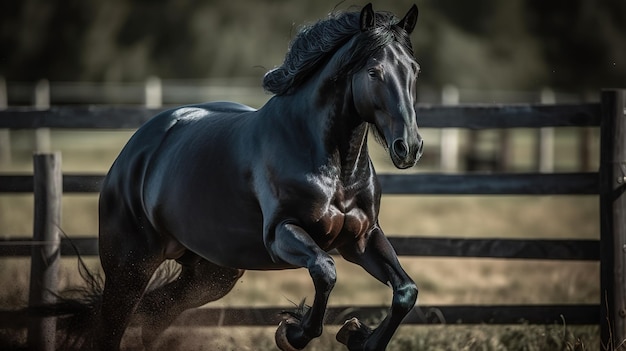 A horse runs through a field