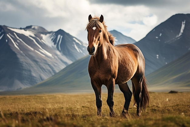 A horse in the serene field with mountain backdrop