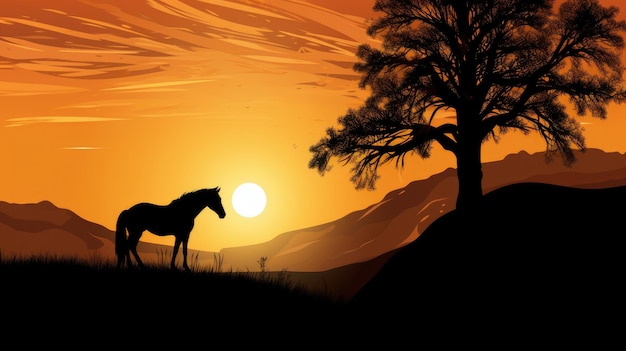 Horse shape on a hill with sunrise and golden sky