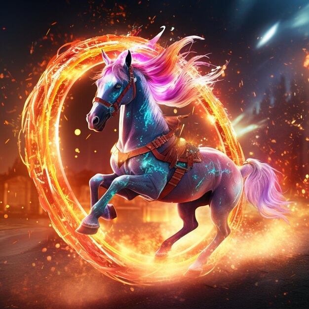 Foto spettacolo di cavalli salta attraverso l'anello di fuoco immagine arte generata dall'ia