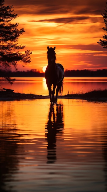 Horse silhouette at sunset on the lake with reflection in water