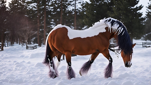 A horse in the snow with a horse in the snow