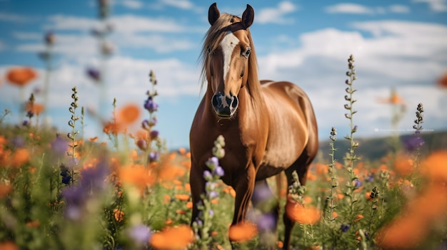 a horse standing in a field of flowers