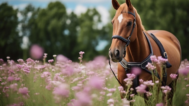 a horse standing in a field of flowers