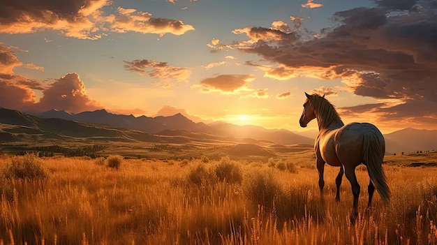 Foto un cavallo in piedi in un campo al tramonto