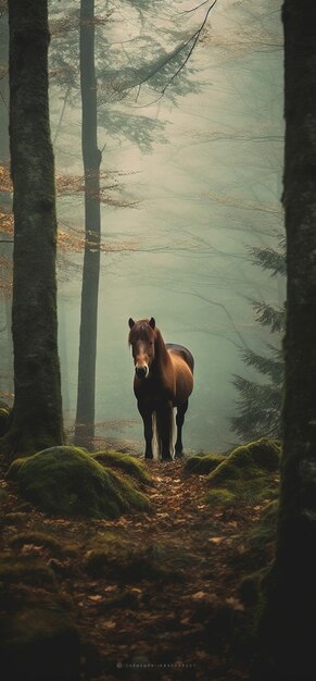 Horse standing forest ai generated image High quality ai generated image