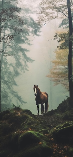 Horse standing forest ai generated image High quality ai generated image