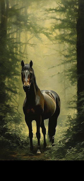 Horse standing forest ai generated image High quality ai generated image