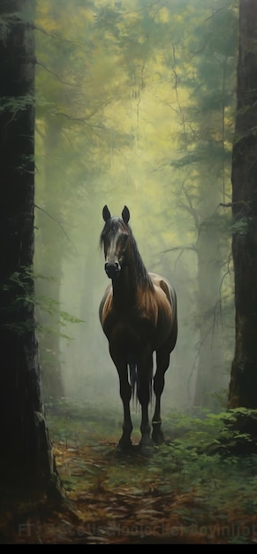 Высокое качество изображения, сгенерированного из леса, в котором стоит лошадь