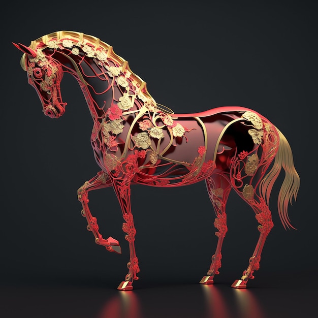 Horse standing pose with metal floral ornament pattern decoration