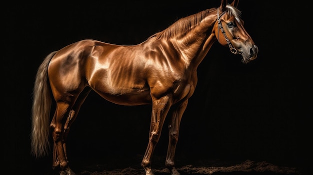 A horse stands in a dark background