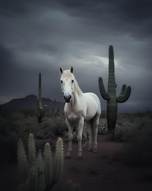 A horse stands in the desert with a cactus in the background.