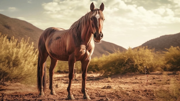 A horse stands in a field with mountains in the background Wildlife Photography