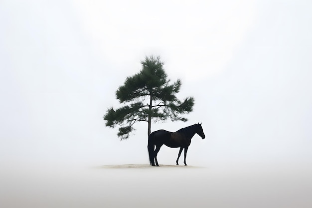 Лошадь стоит перед деревом на белом фоне.