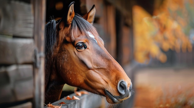 馬が馬舎から頭を突き出す