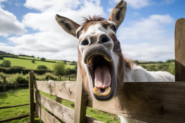 Foto un cavallo che sporge la testa da una staccionata