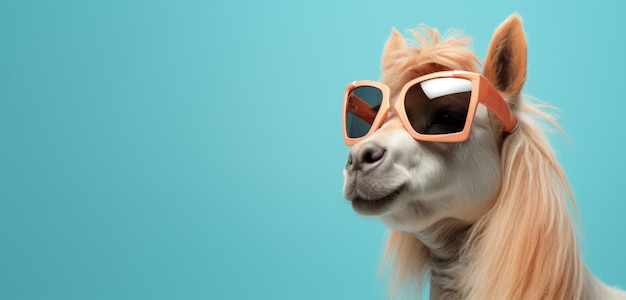 Horse in sunglass shade glasses left position isolated on solid pastel background Generative AI