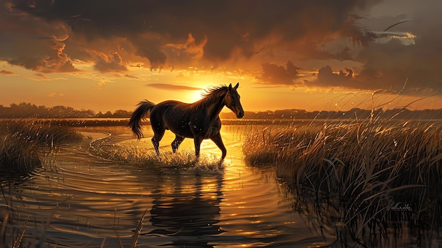 Photo horse in the sunset by person