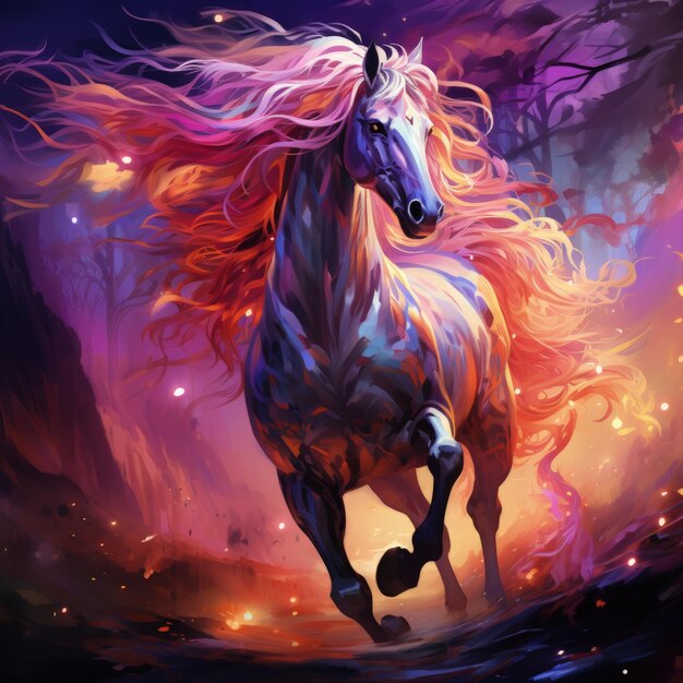 A horse that is colored purple with glowing colors