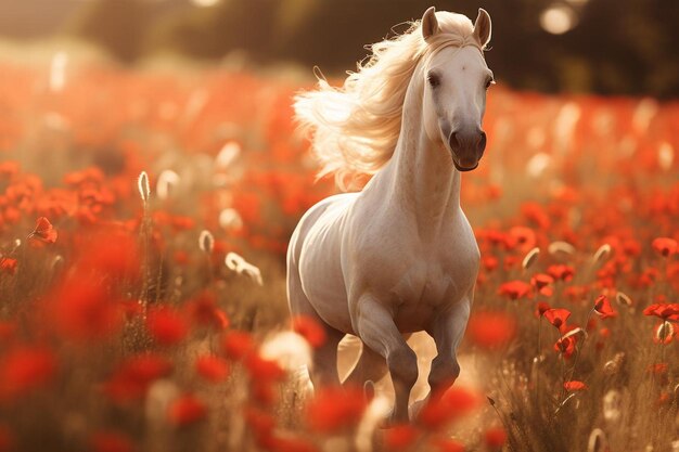 Horse trotting gracefully through a field of bloomin