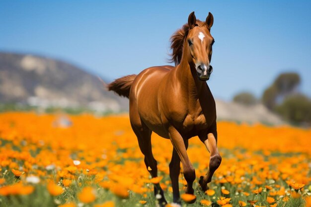 Horse trotting gracefully through a field of bloomin