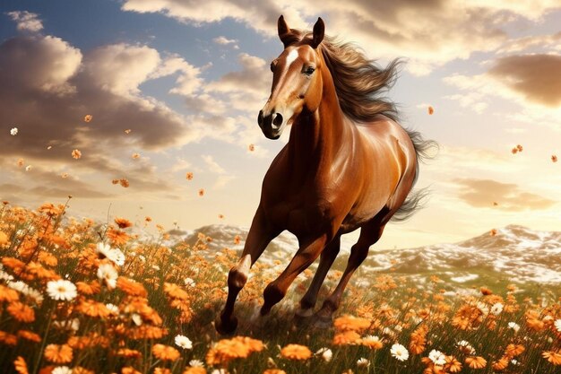 Photo horse trotting gracefully through a field of bloomin